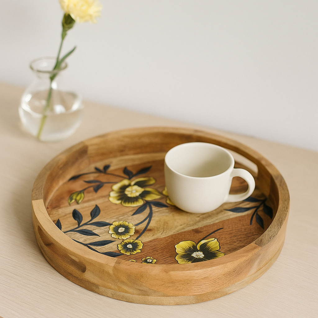 Hand Printed Floral Mango Wood Tray - Gleemium Online Shop in Australia