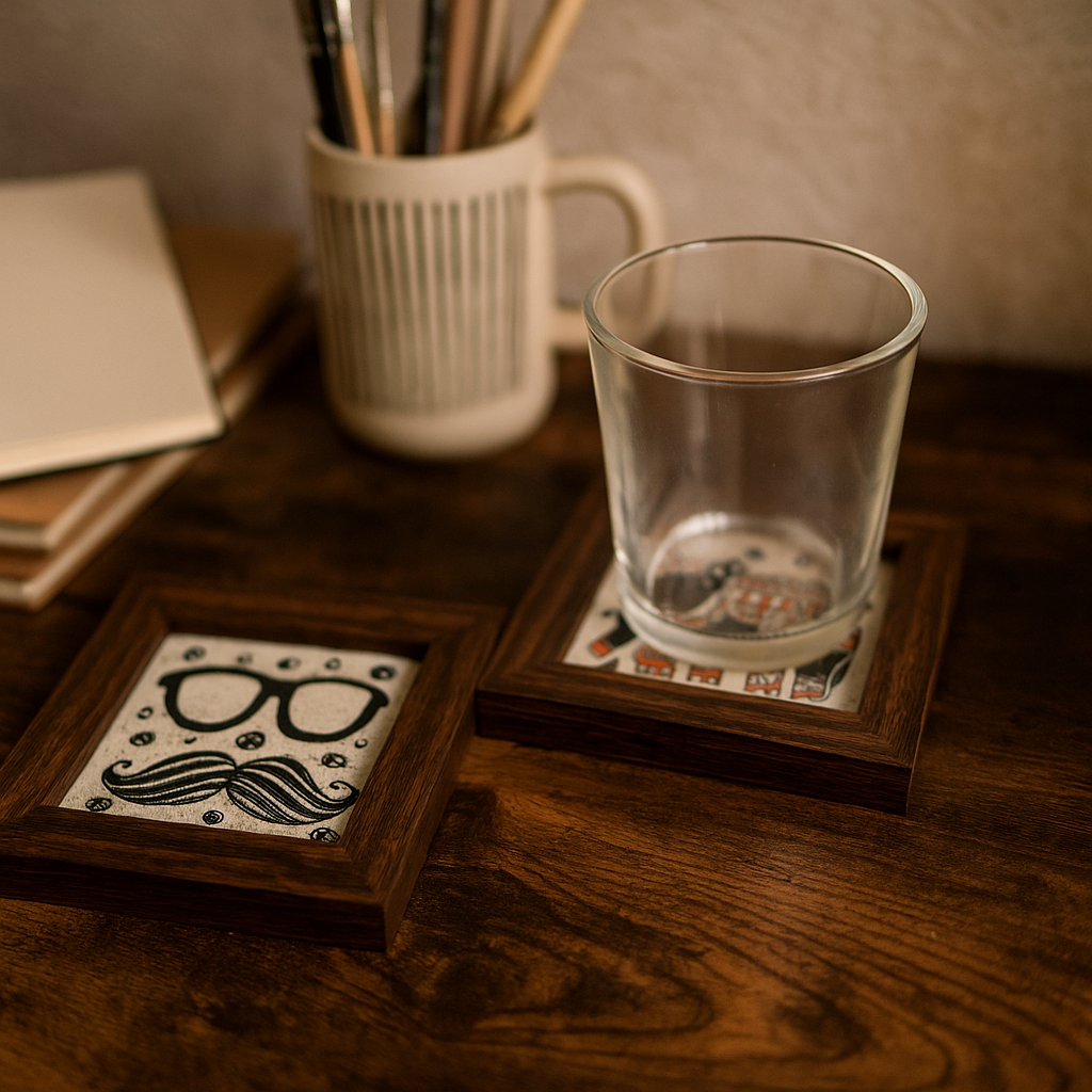 Hand-Painted Framed Coasters – Quirky Set of 2