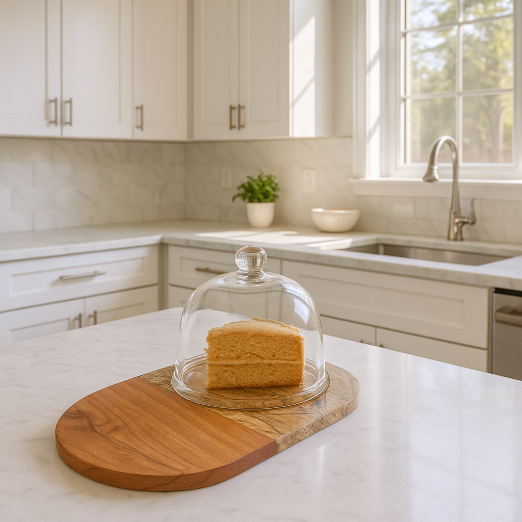 Marble & Wood Capsule-Shaped Cake Platter With Glass Dome