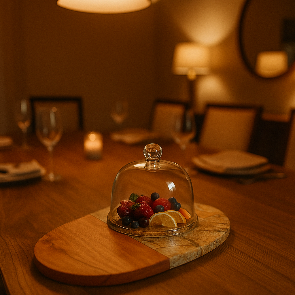 Gleemium Marble & Wood Capsule-Shaped Cake Platter With Glass Dome