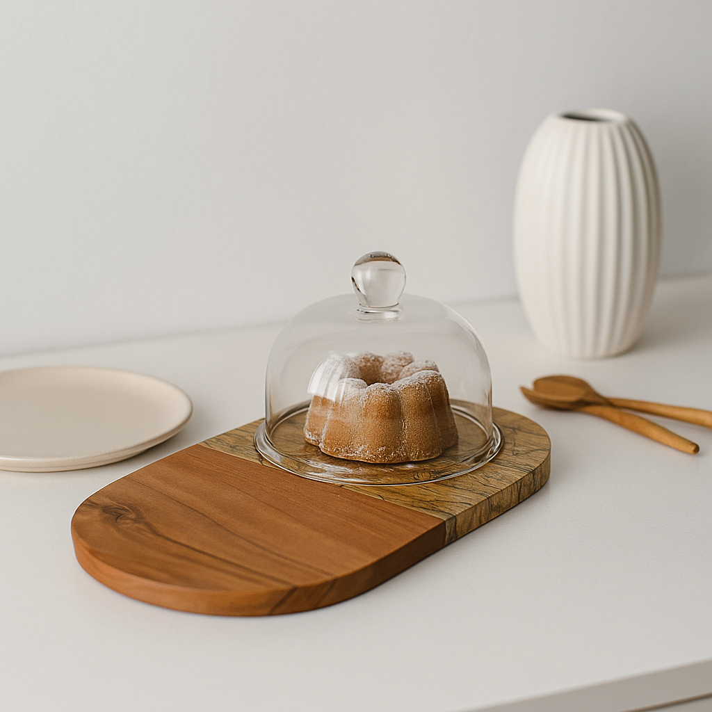 Marble & Wood Capsule-Shaped Cake Platter With Glass Dome