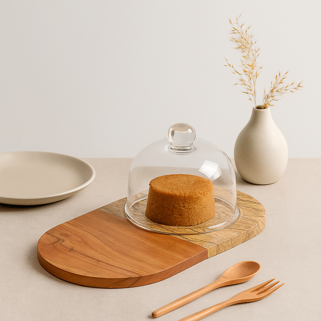 Gleemium Marble & Wood Capsule-Shaped Cake Platter With Glass Dome