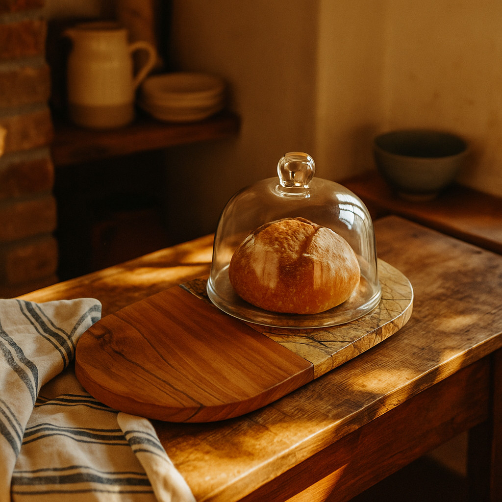 Marble & Wood Capsule-Shaped Cake Platter With Glass Dome