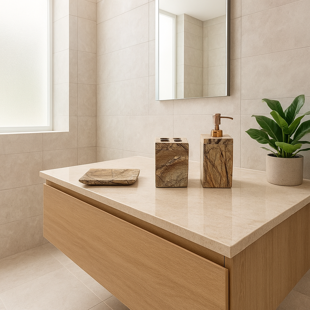 Bathroom vanity with marble countertop, wooden cabinet, and decorative items.