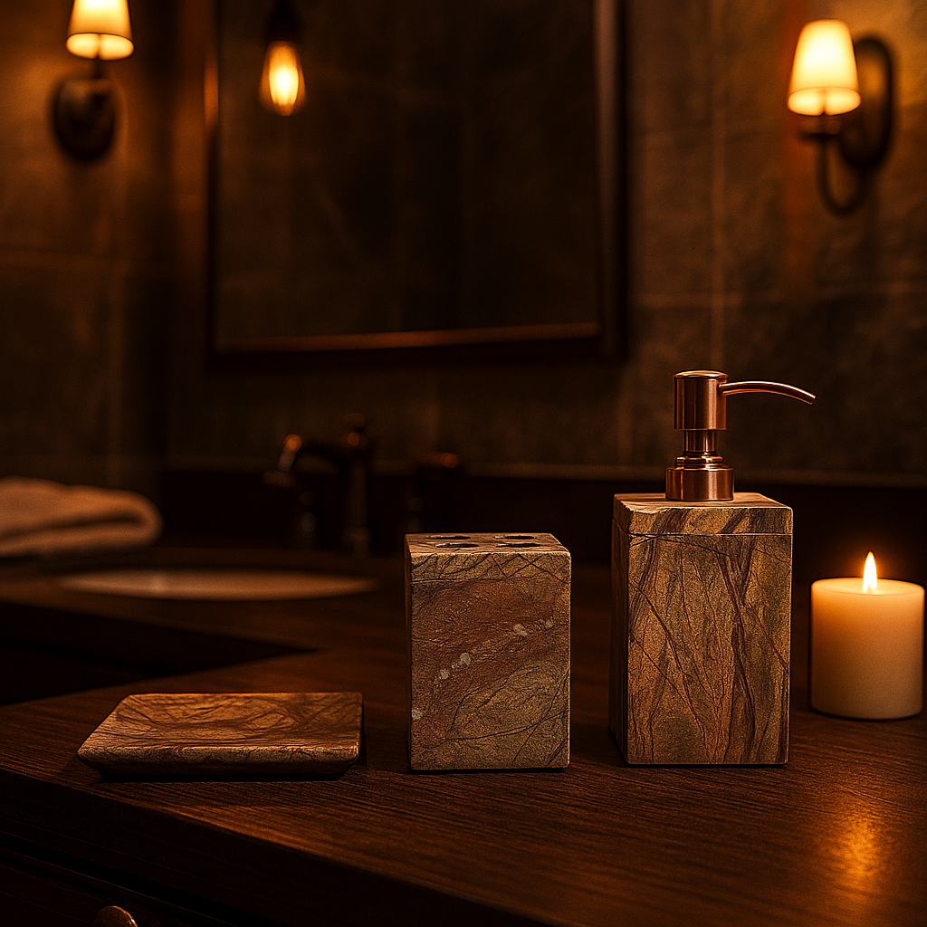 Wooden soap dispenser, bar of soap, and candle on a wooden surface in a dimly lit room.