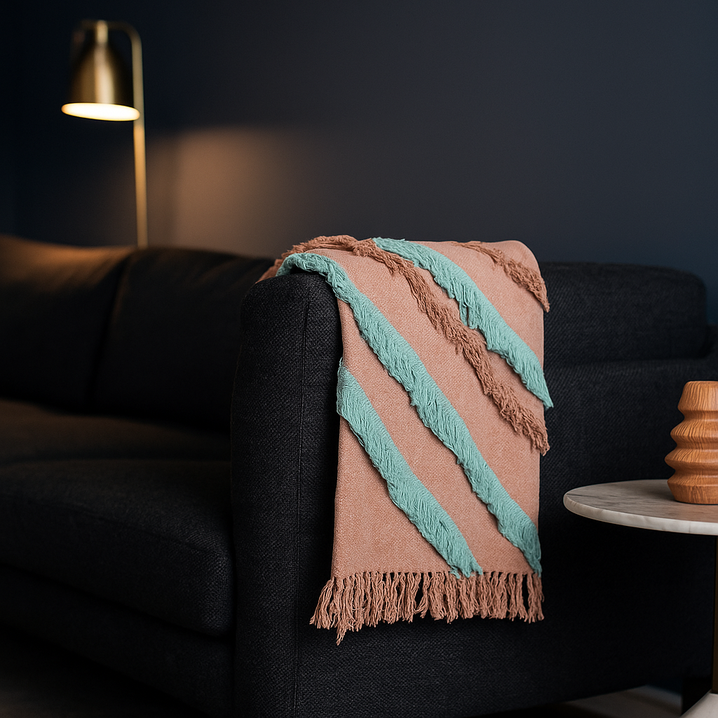 Handwoven Dusty Pink Throw with Teal Accents – Artisan Cotton Throw Blanket - Gleemium Online Shop