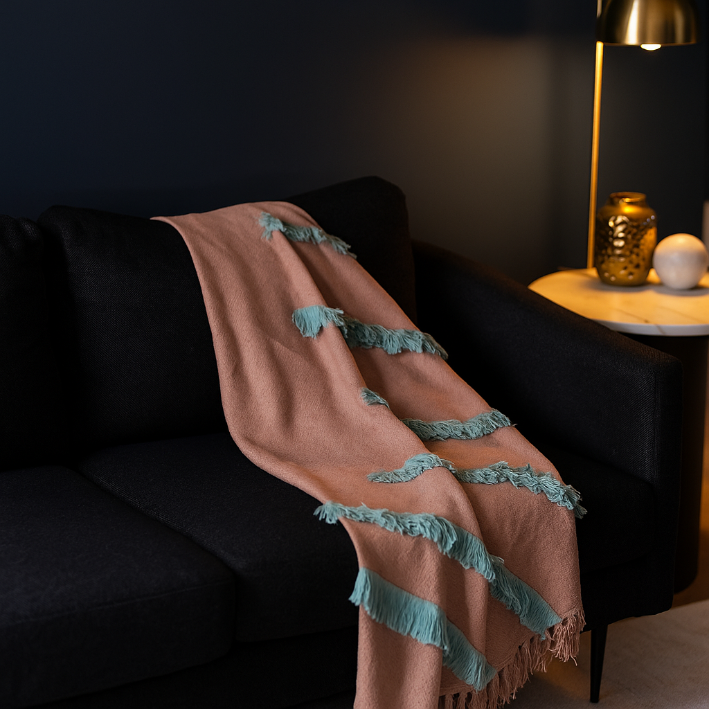 Handwoven Dusty Pink Throw with Teal Accents – Artisan Cotton Throw Blanket - Gleemium 
