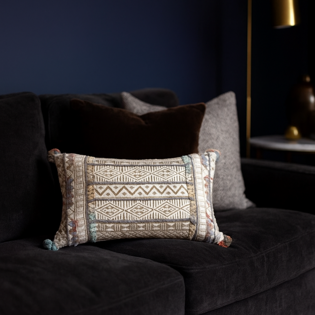 Block Printed & Embroidered Cotton Lumbar Cushion Cover with Pom-Poms – Multicolor Cotton Cushion Cover - Gleemium 