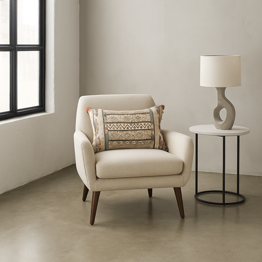 Block Printed & Embroidered Cotton Lumbar Cushion Cover with Pom-Poms – Multicolor Cotton Cushion Cover