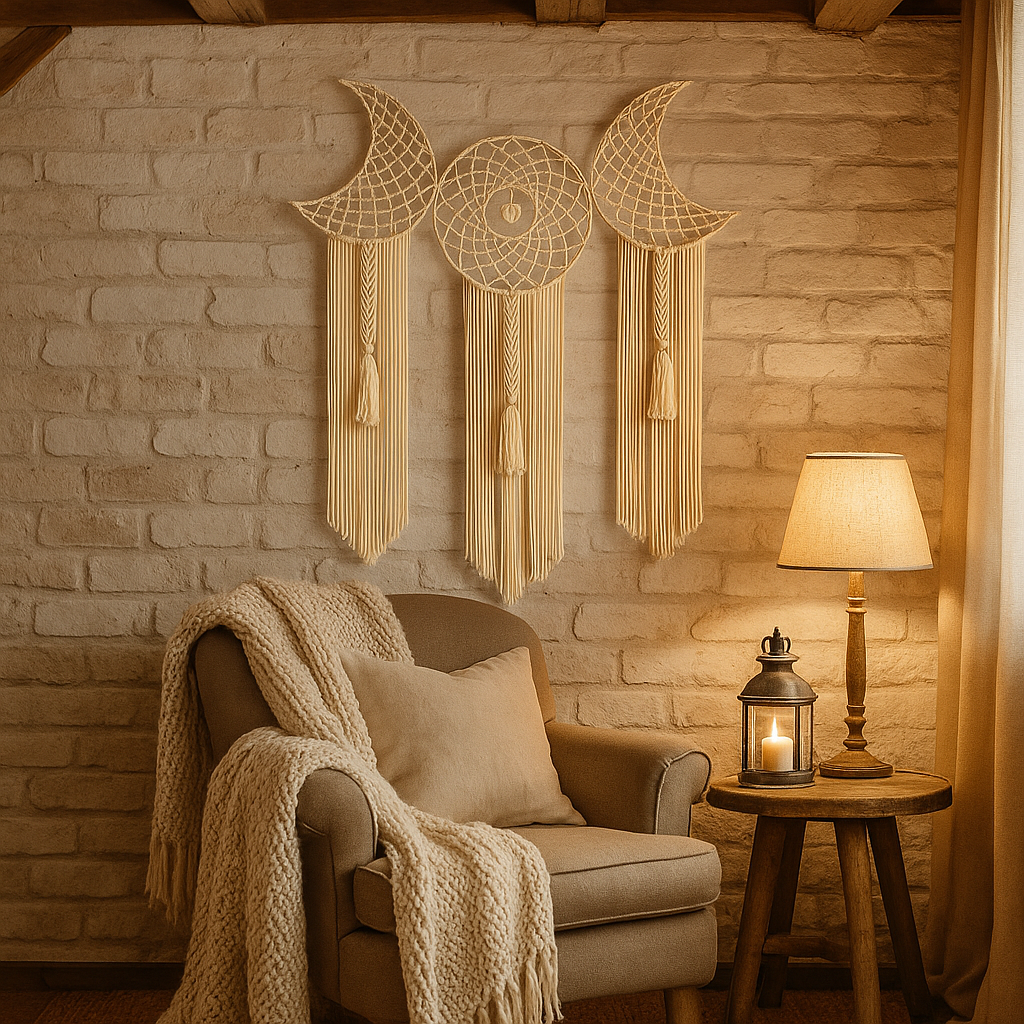 Celestial Trinity Macrame Moon Wall Hanging – Handmade Beige Cotton Boho Decor - Gleemium Home Decor