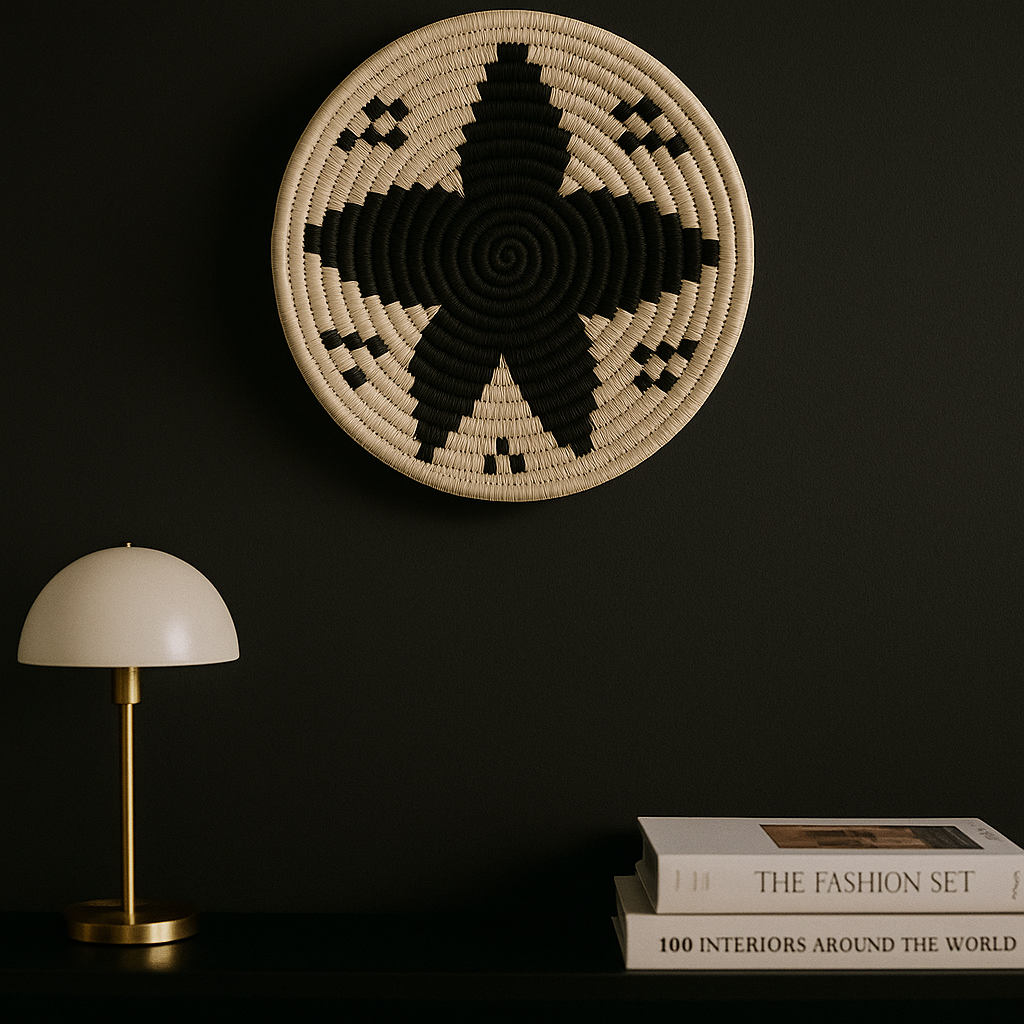 Monochrome Floral Handwoven Wall Plate – Black & White Boho Wall Art - Gleemium