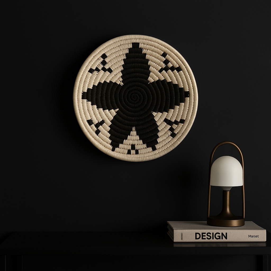 Monochrome Floral Handwoven Wall Plate – Black & White Boho Wall Art - Gleemium