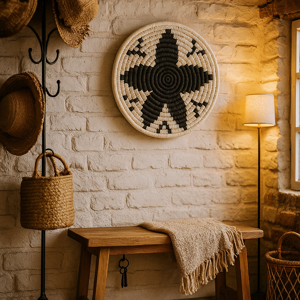 Monochrome Floral Handwoven Wall Plate – Black & White Boho Wall Art - Gleemium