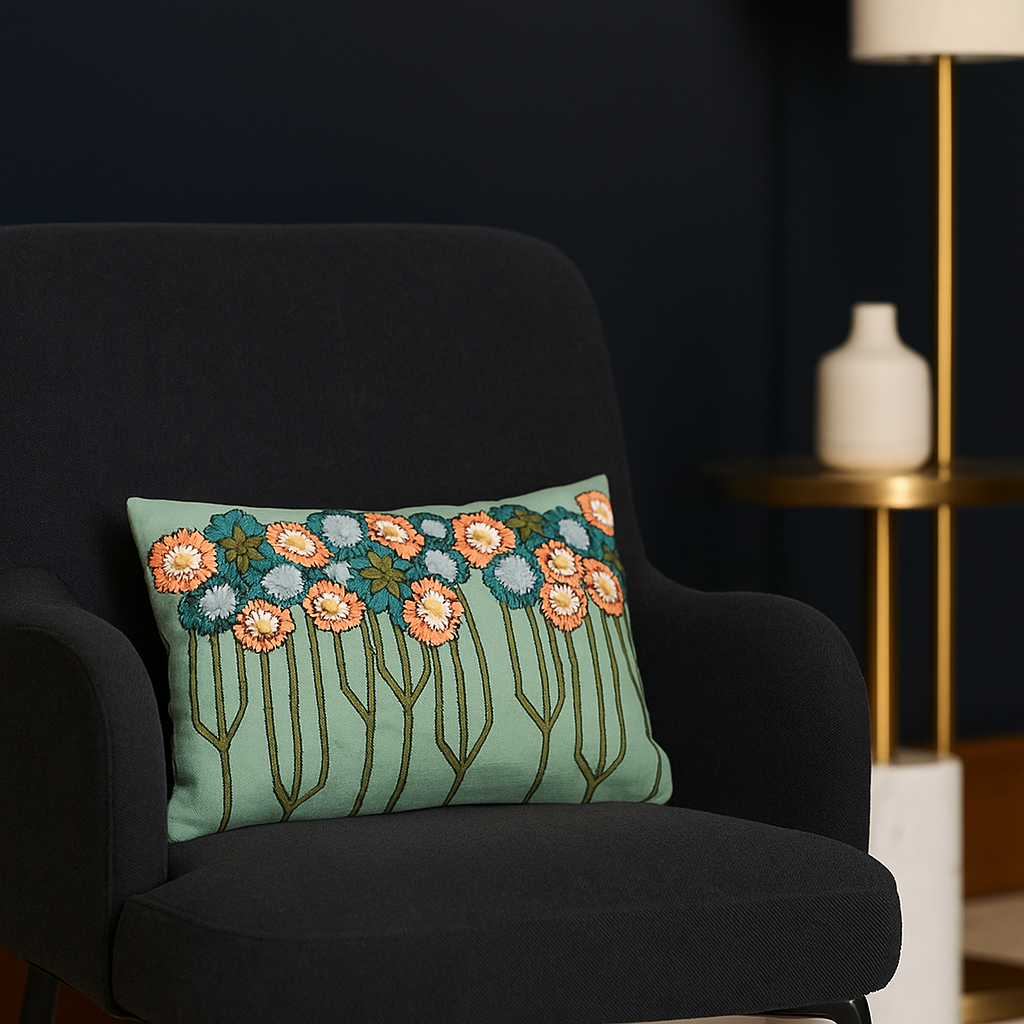 Gleemium - Floral Embroidered Lumbar Cotton Cushion Cover