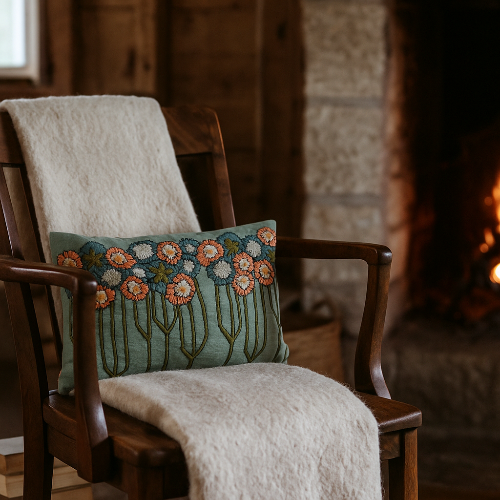 Gleemium - Floral Embroidered Lumbar Cotton Cushion Cover