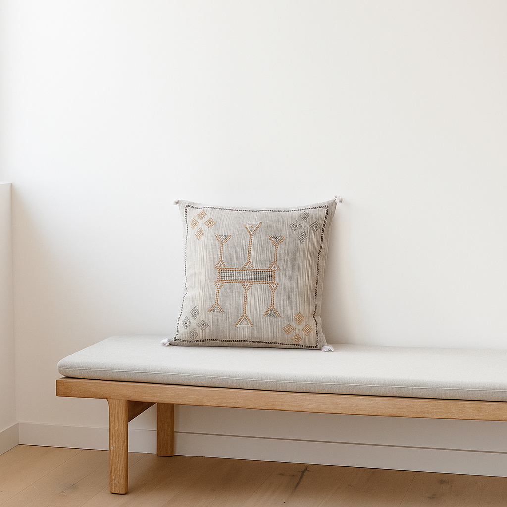 Embroidered & Tasseled Cotton Cushion Cover – Handwoven Artisan Cushion Cover with Vintage Embroidery & Tassels