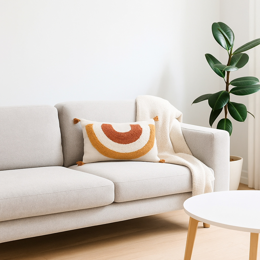 Rainbow tufted lumbar cushion cover at an angle