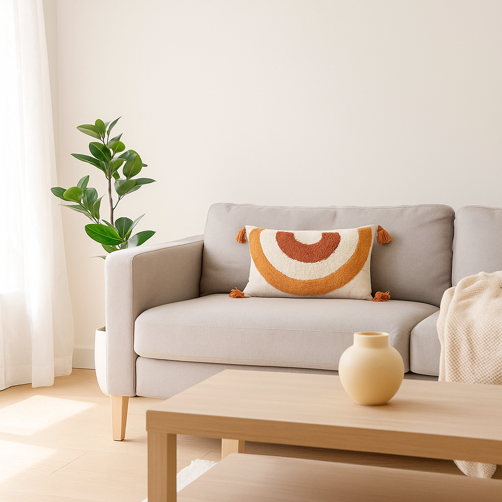 Rainbow tufted lumbar cushion cover styled on a sofa