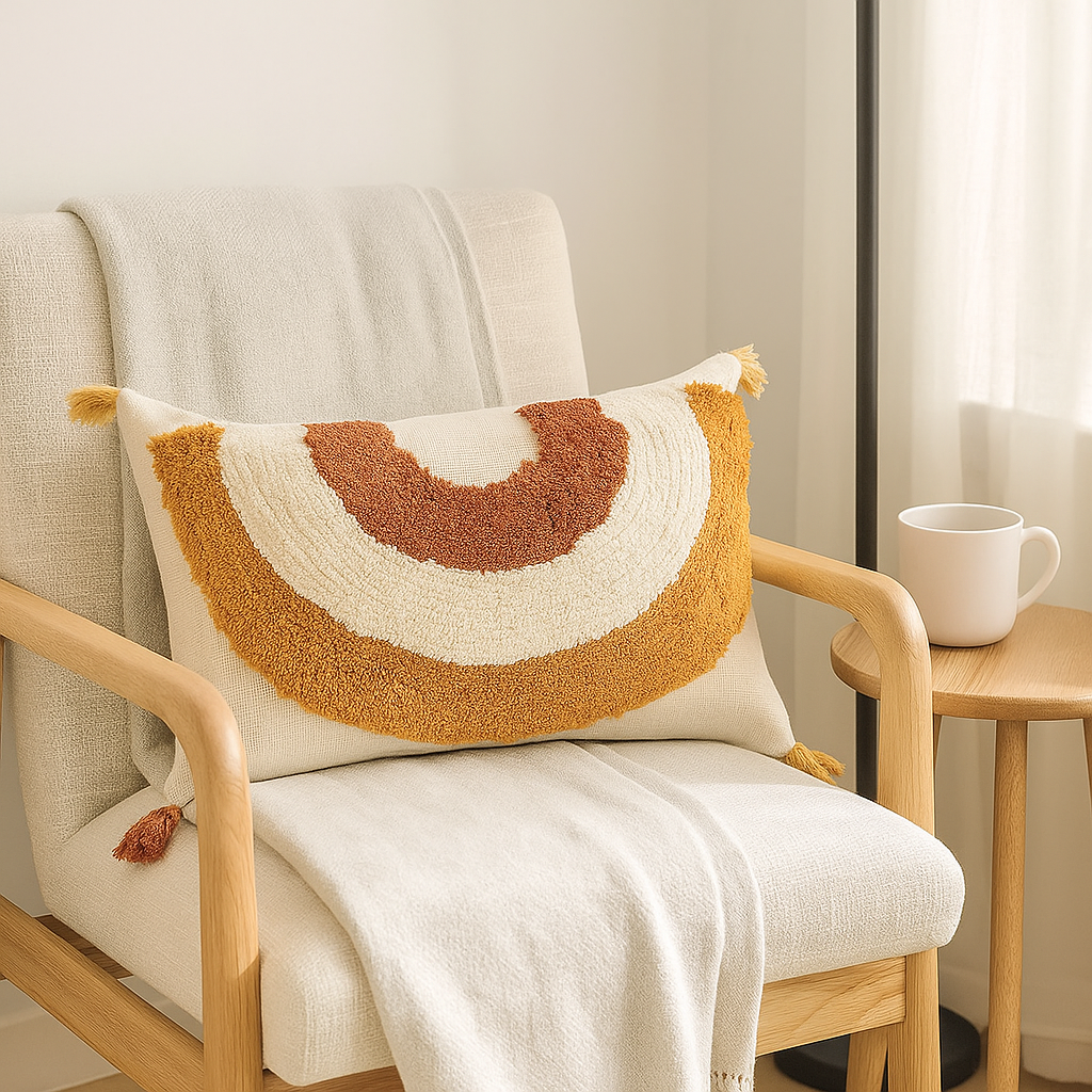 Rainbow tufted lumbar cushion cover styled on a bed