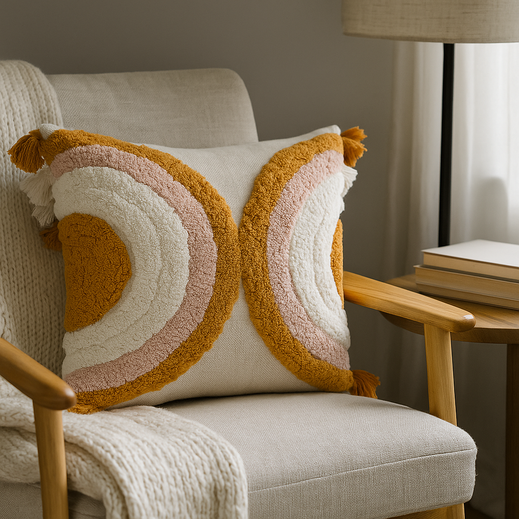Rainbow tufted cushion cover at an angle