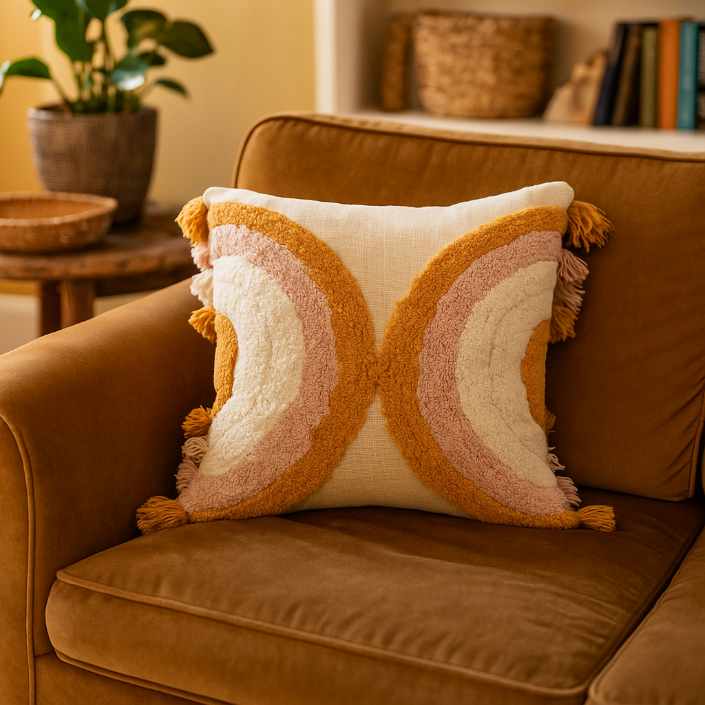 Rainbow tufted cushion cover styled on a sofa