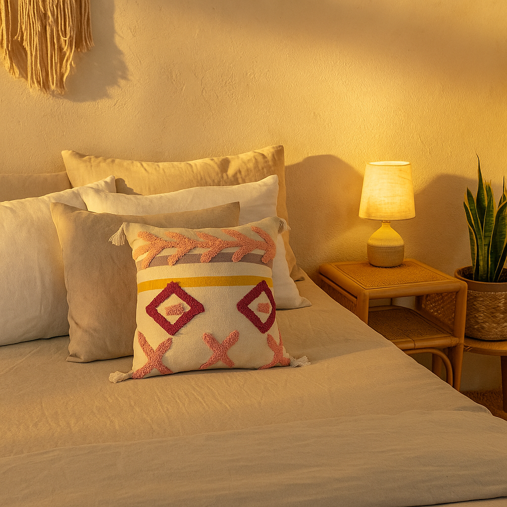 Geometric tufted cushion on sofa
