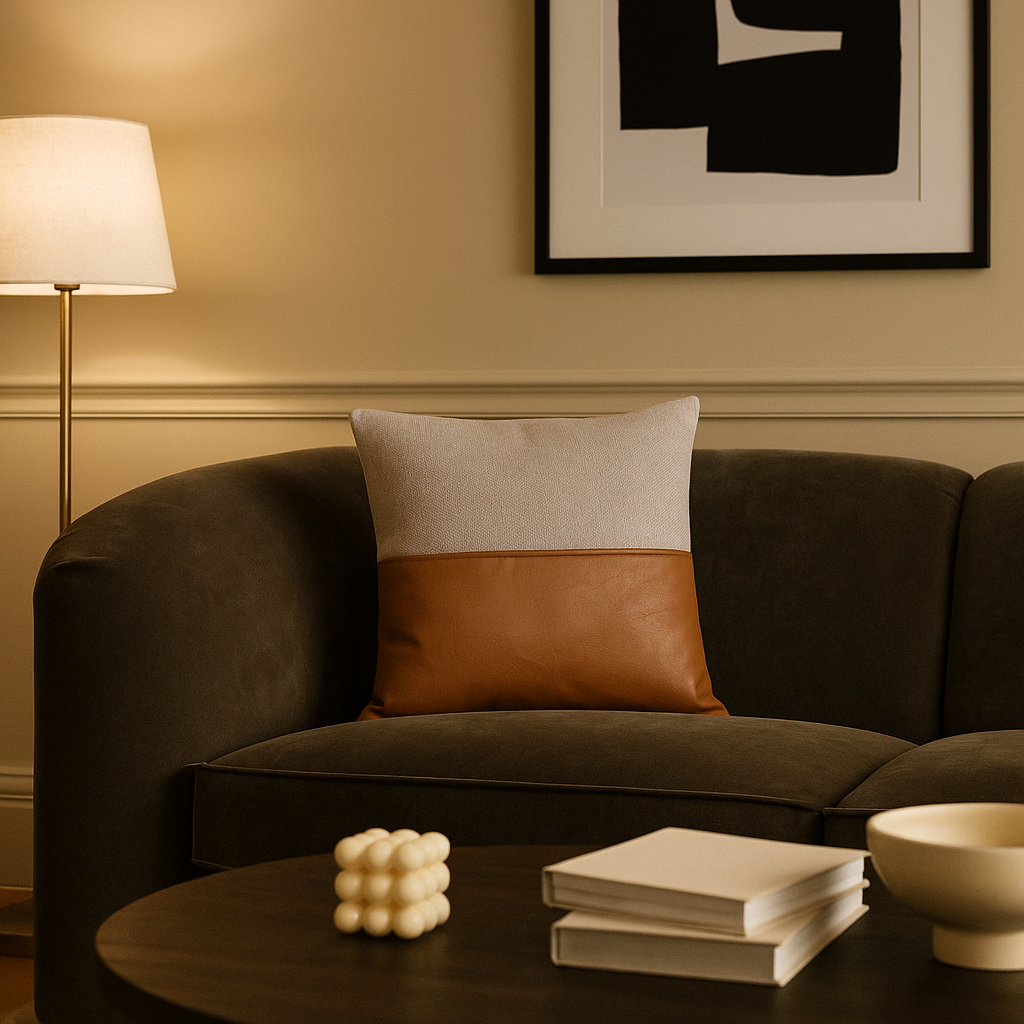 Leather cushion cover styled on a sofa