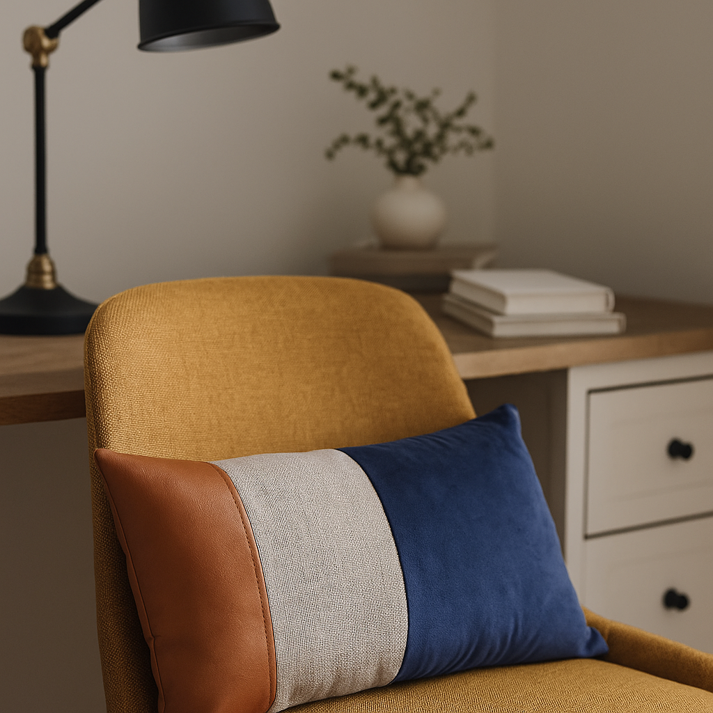 Leather velvet cushion cover hand-stitch detail