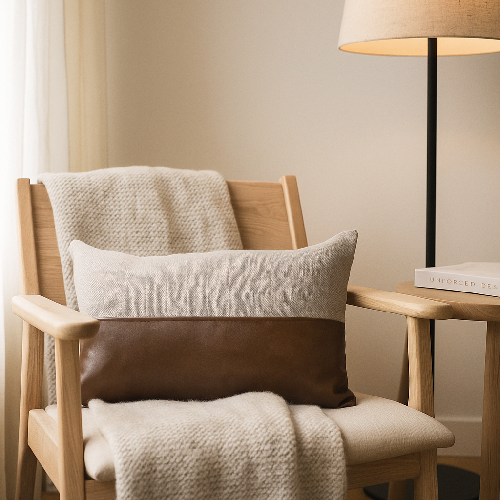 Leather lumbar cushion cover styled on a sofa