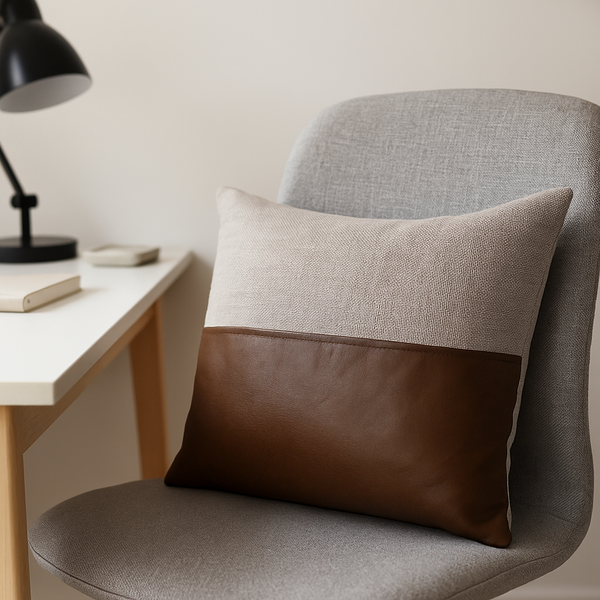 Leather Lumbar Cushion Cover | Hand-Stitched Cotton Boho Decor