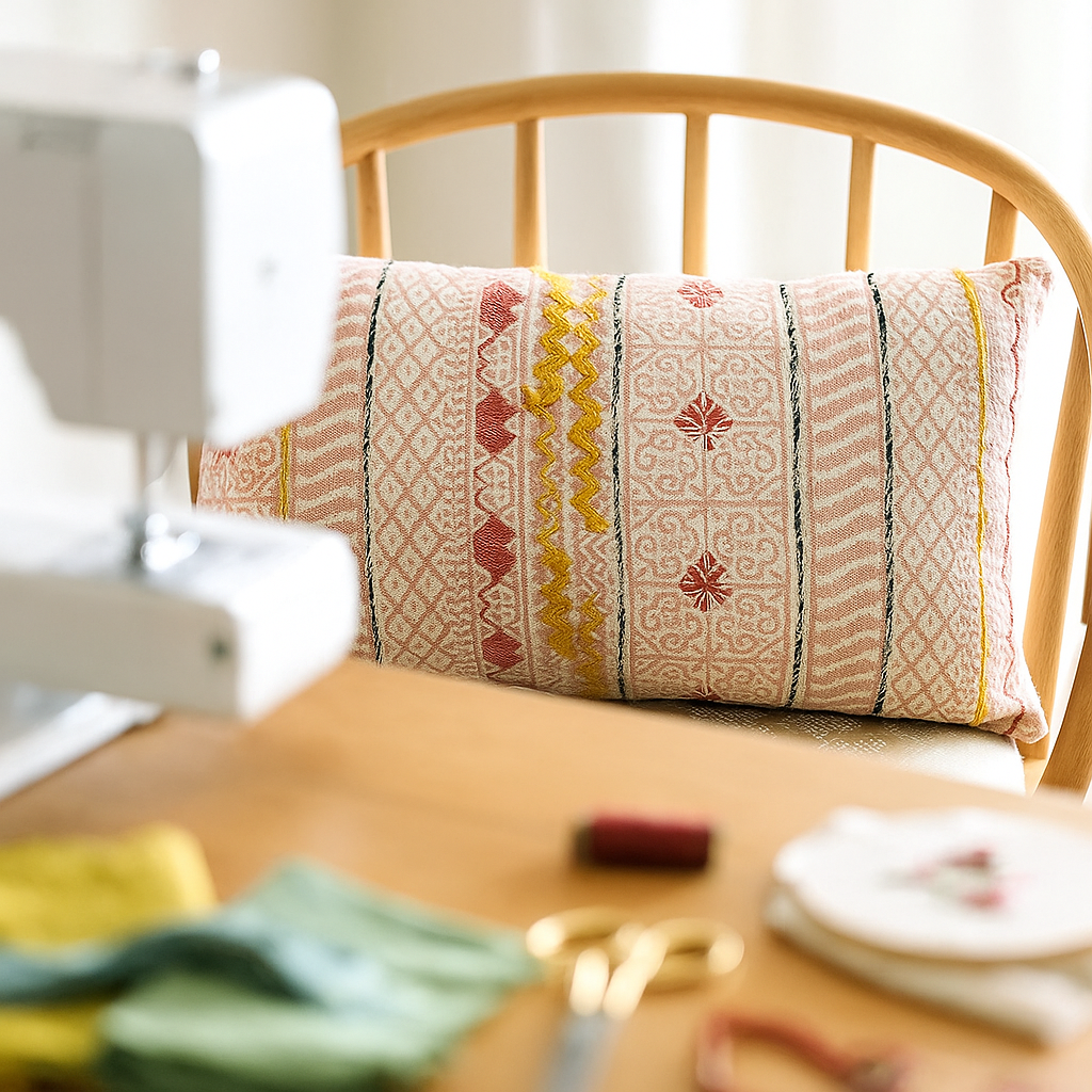 Maximal lumbar cushion cover close-up of block print and embroidery