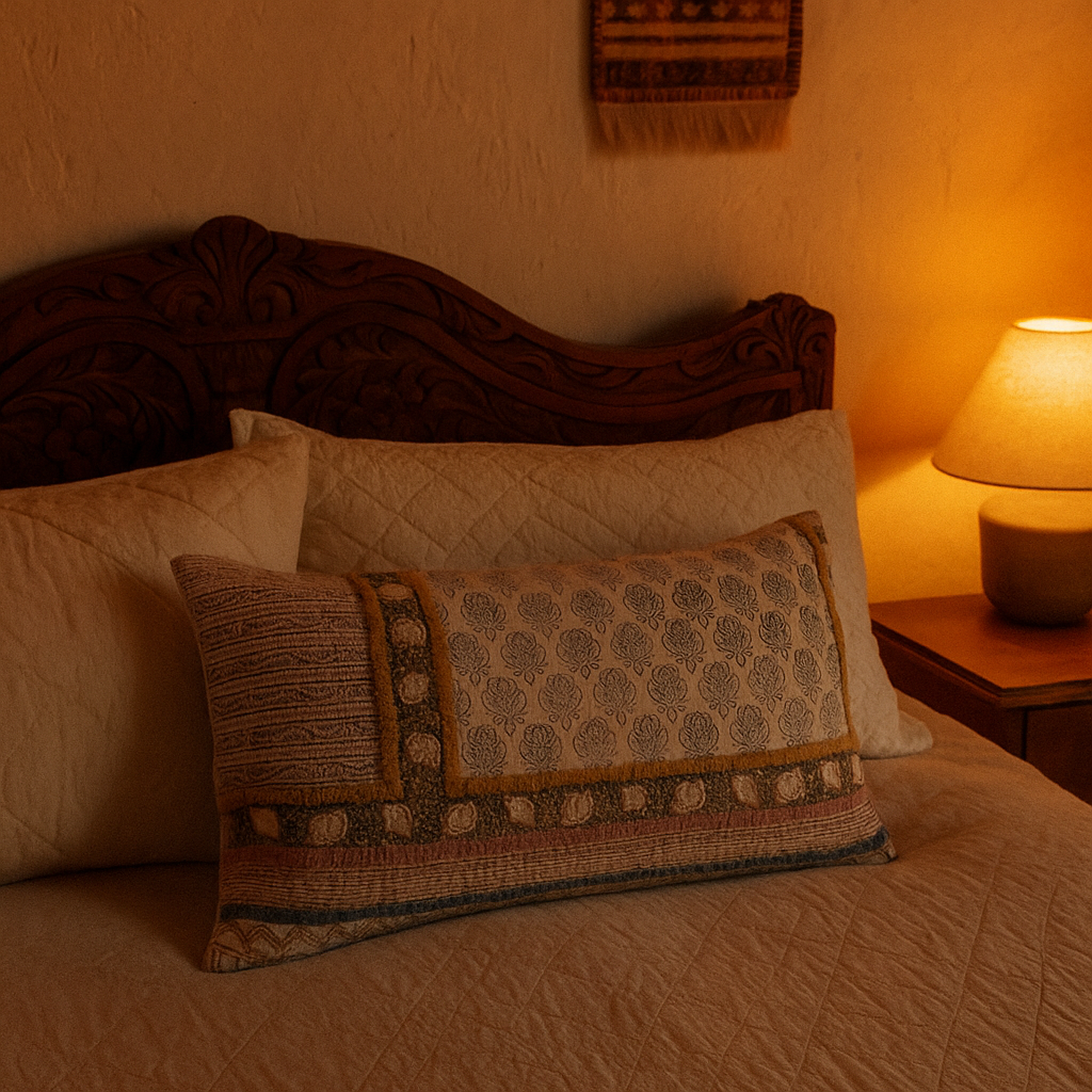 Block Printed Geometric-Floral Lumbar Cotton Cushion Cover -  Gleemium Home Decor Shop Australia