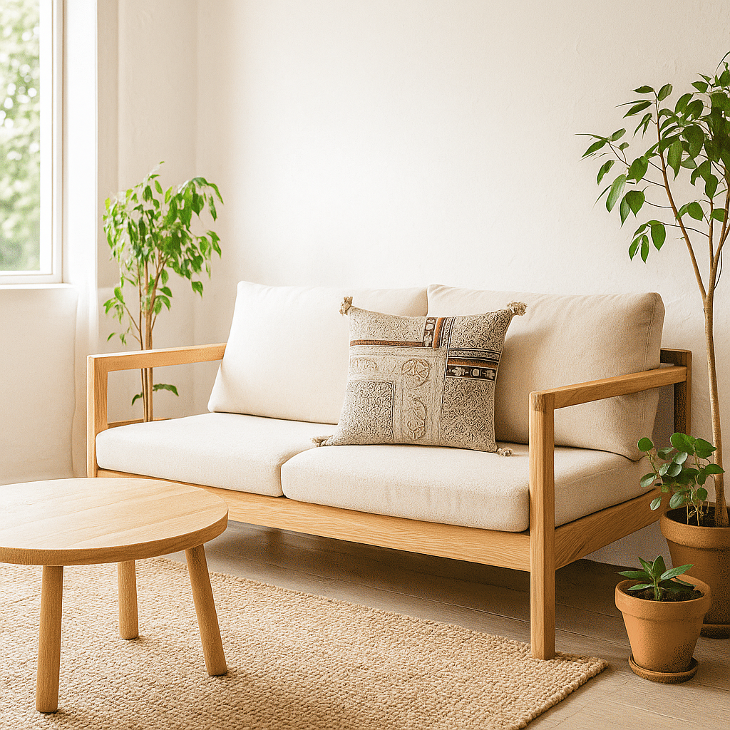 Geometric floral cushion cover at an angle