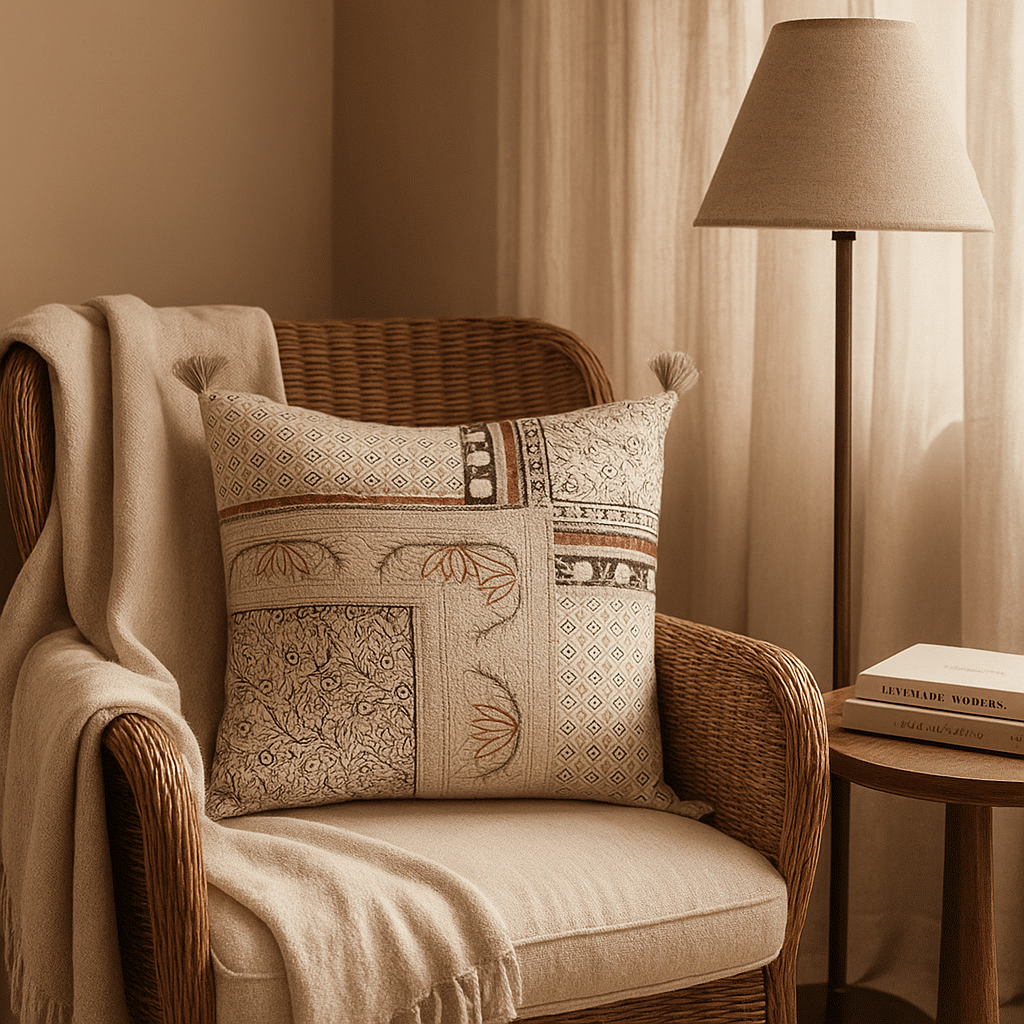 Geometric floral cushion cover hand printed by Gleemium