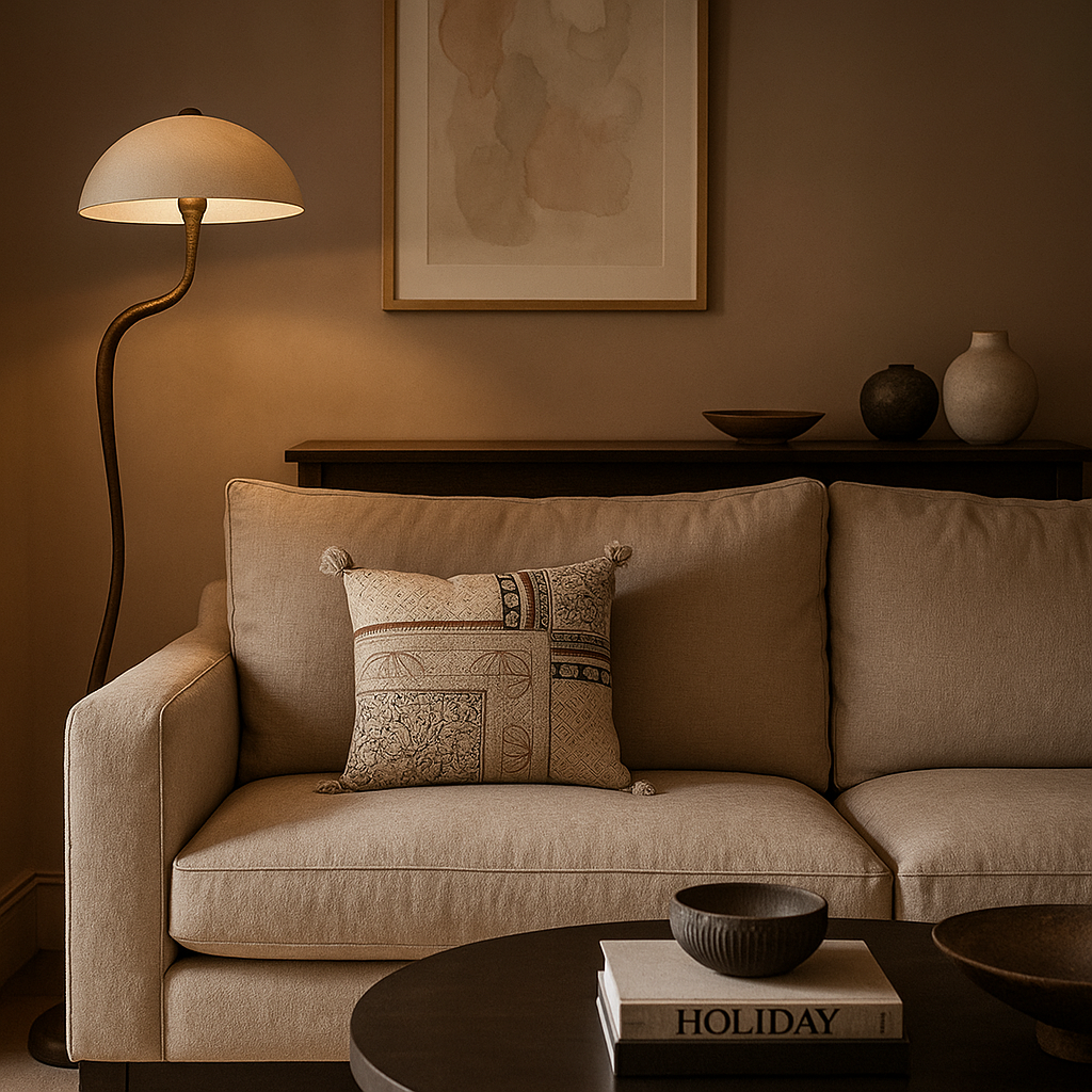 Geometric floral cushion cover styled on a sofa