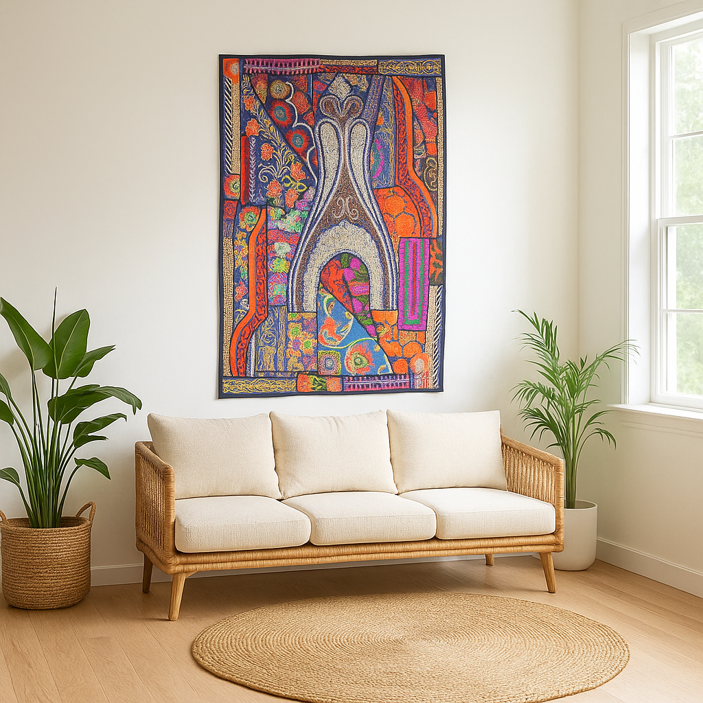 Boho Abstract Patchwork Wall Hanging – Upcycled Fabric Art - Gleemium Online Shop