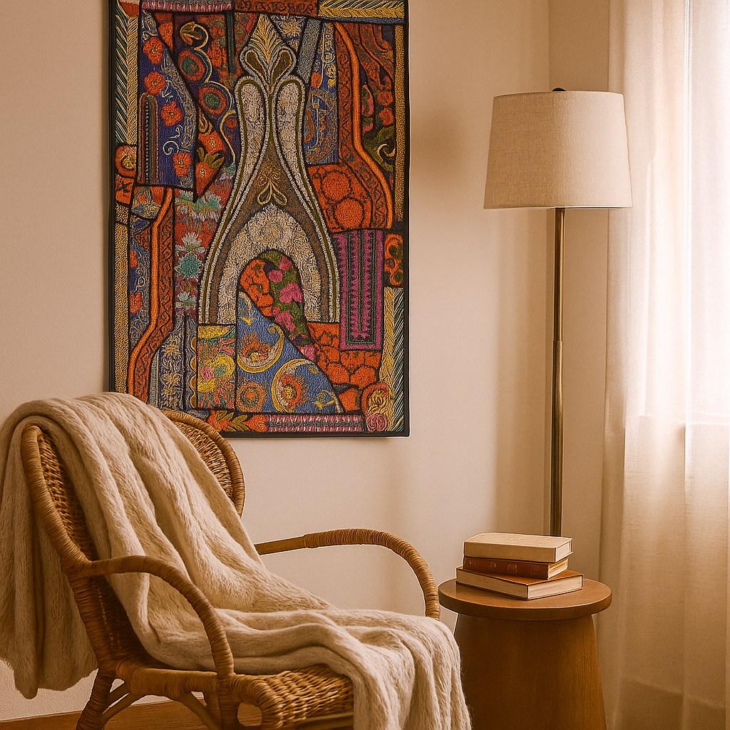 Boho Abstract Patchwork Wall Hanging – Upcycled Fabric Art - Gleemium Online Shop