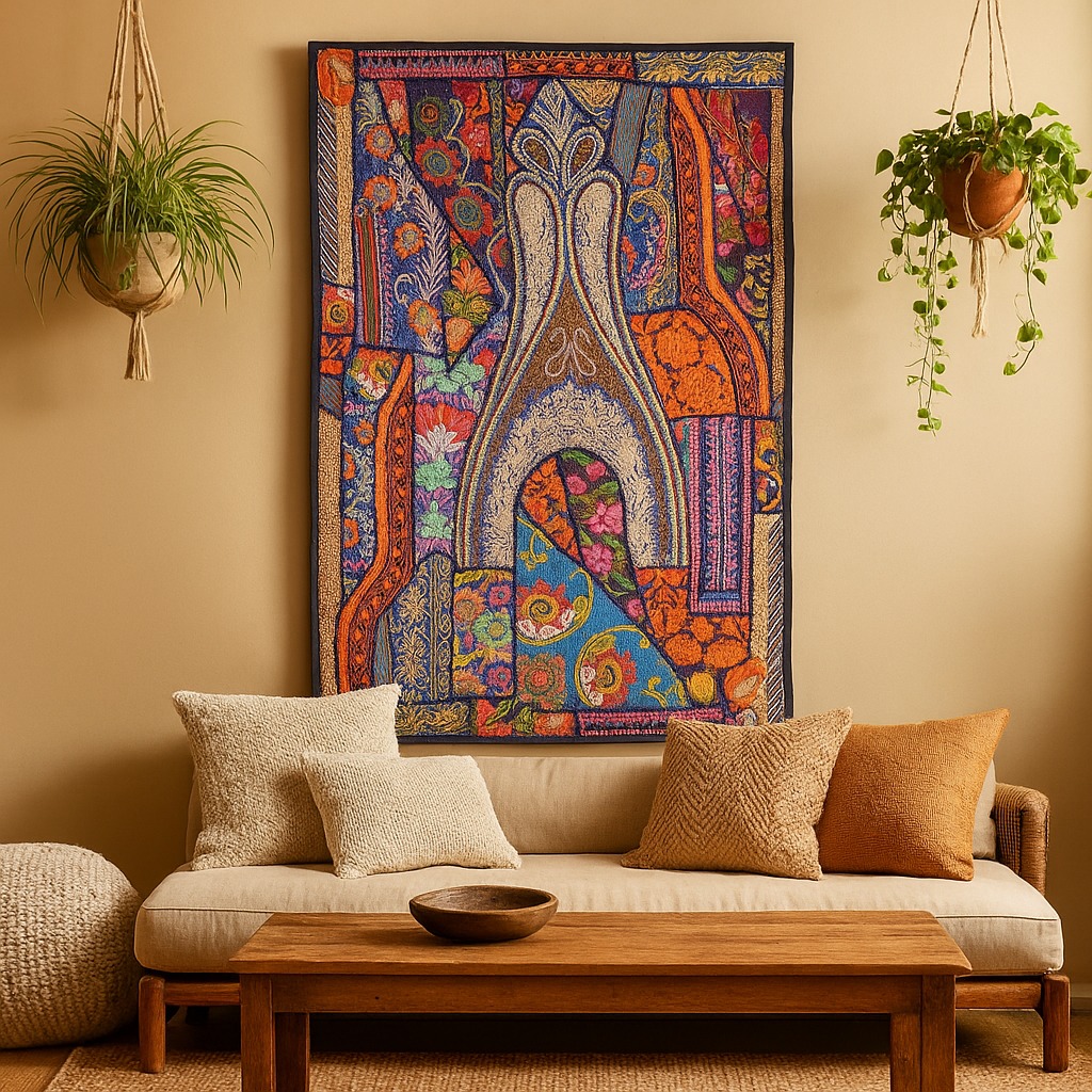 Boho Abstract Patchwork Wall Hanging – Upcycled Fabric Art - Gleemium Online Shop