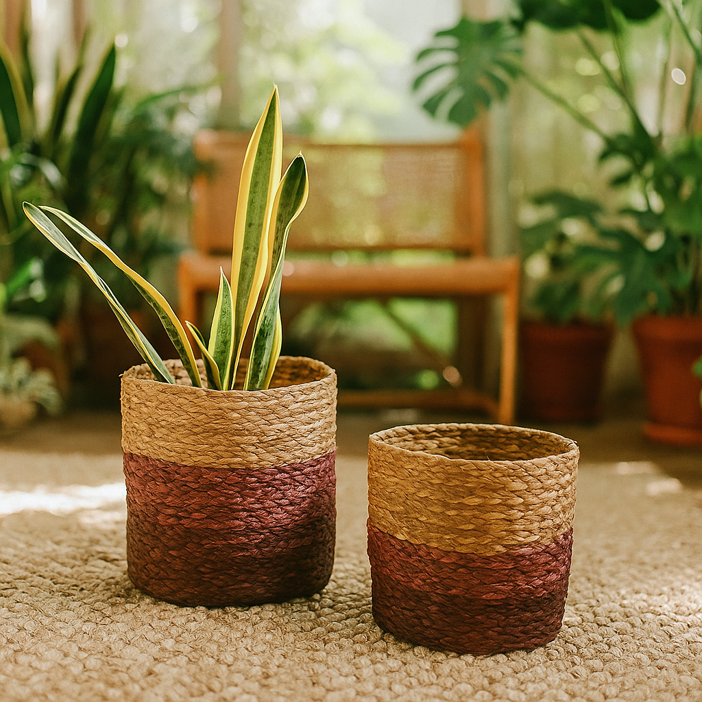 Earthy Sabai Grass Handwoven Planters – Set of 2