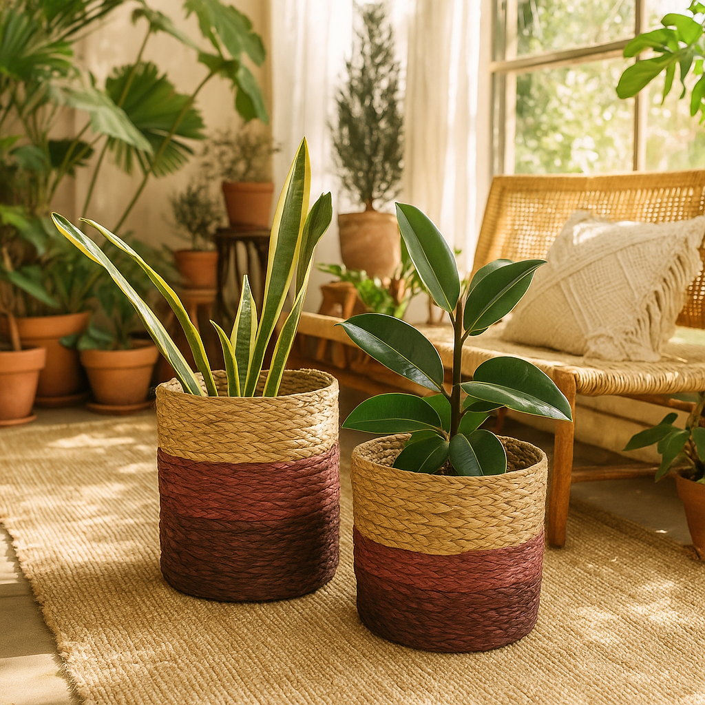 Earthy Sabai Grass Handwoven Planters – Set of 2 - Gleemium Home