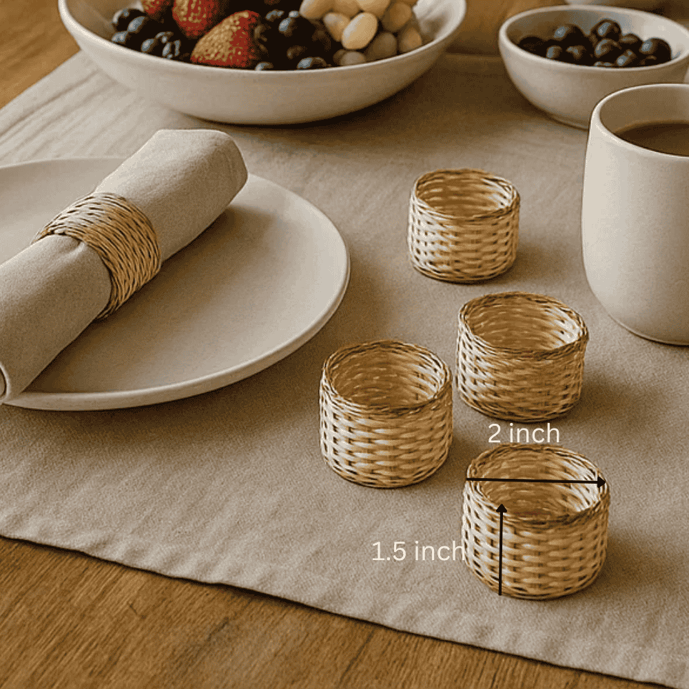Eco-Friendly Handwoven Cane &amp; Brass Napkin Ring (Set of 4)