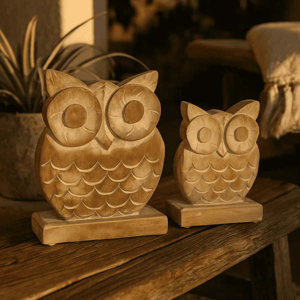 Handcarved Owl Decor | Wooden Rustic Set of 2 Tabletop