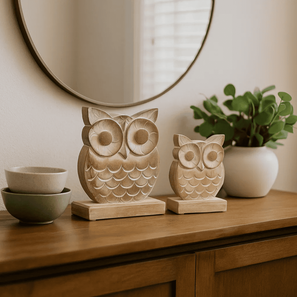 Handcarved Wooden Owl Decoratives – Rustic Aussie Homes (Set of 2)