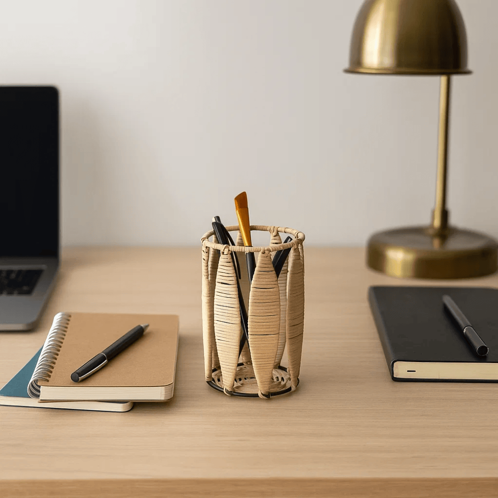 Handwoven Cane & Iron Pen Stand