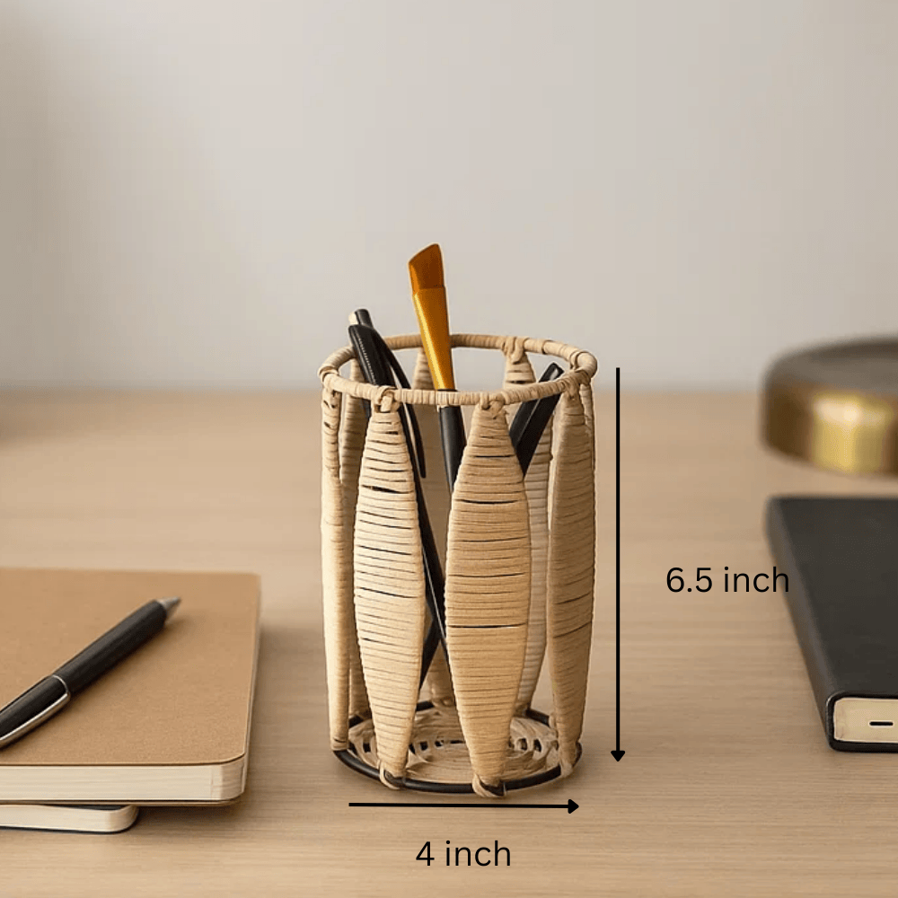Handwoven Cane &amp; Iron Pen Stand