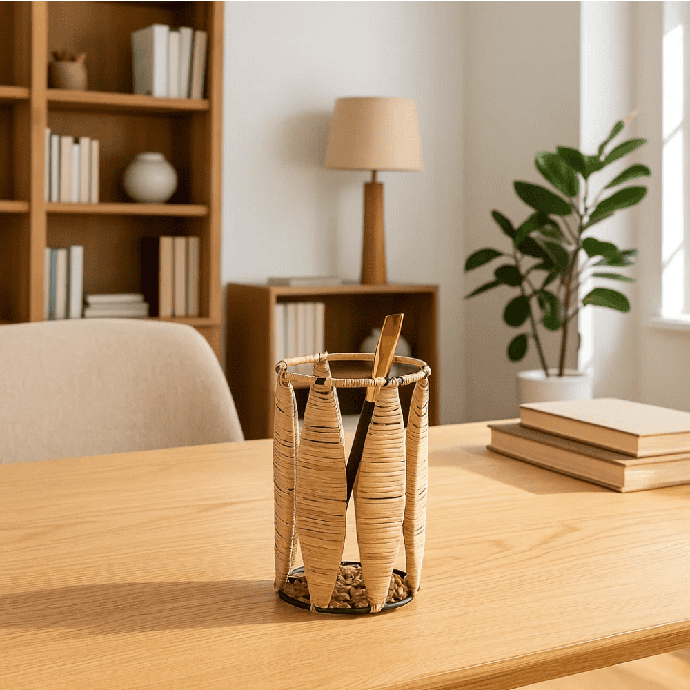 Handwoven Cane &amp; Iron Pen Stand