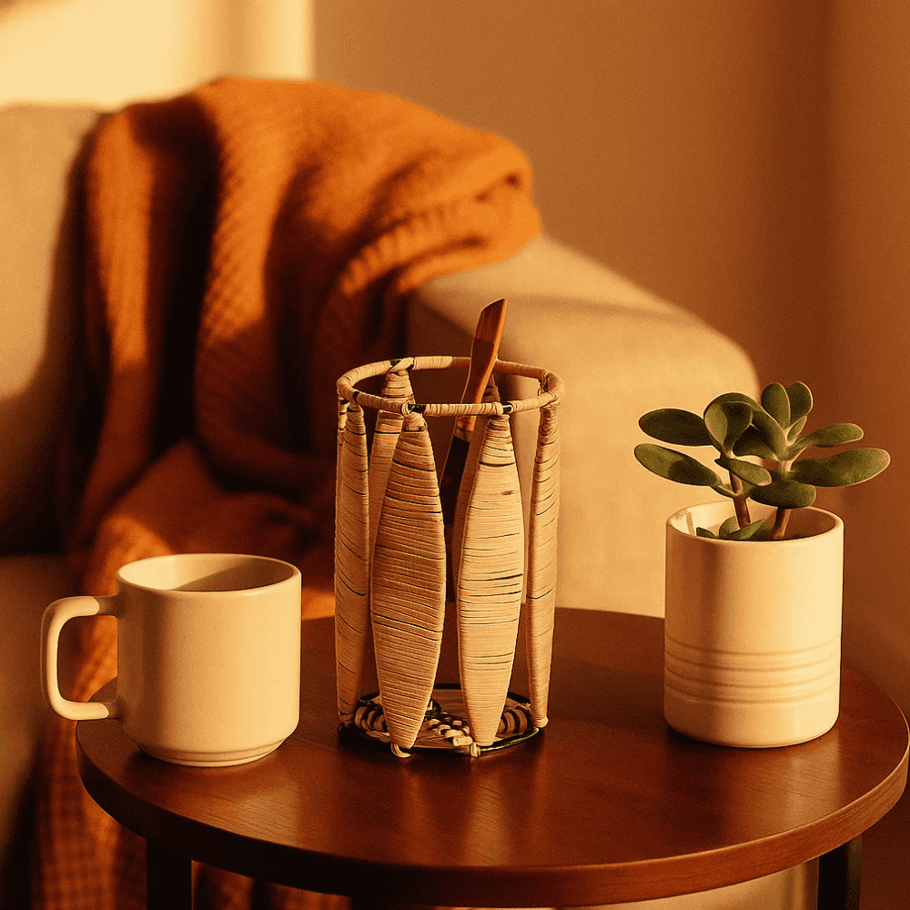 Handwoven Cane &amp; Iron Pen Stand