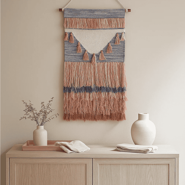 Mediterranean Cotton Wall Hanging | Coastal Handwoven Fringe Decor
