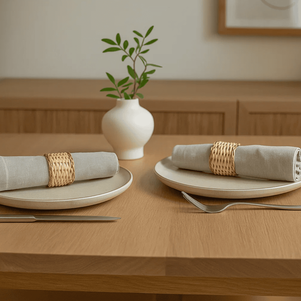Eco-Friendly Handwoven Cane &amp; Brass Napkin Ring (Set of 4)