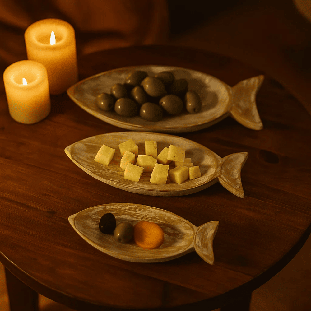 Mango Wood Serving Tray Set – Fish-Shaped Decorative Trays